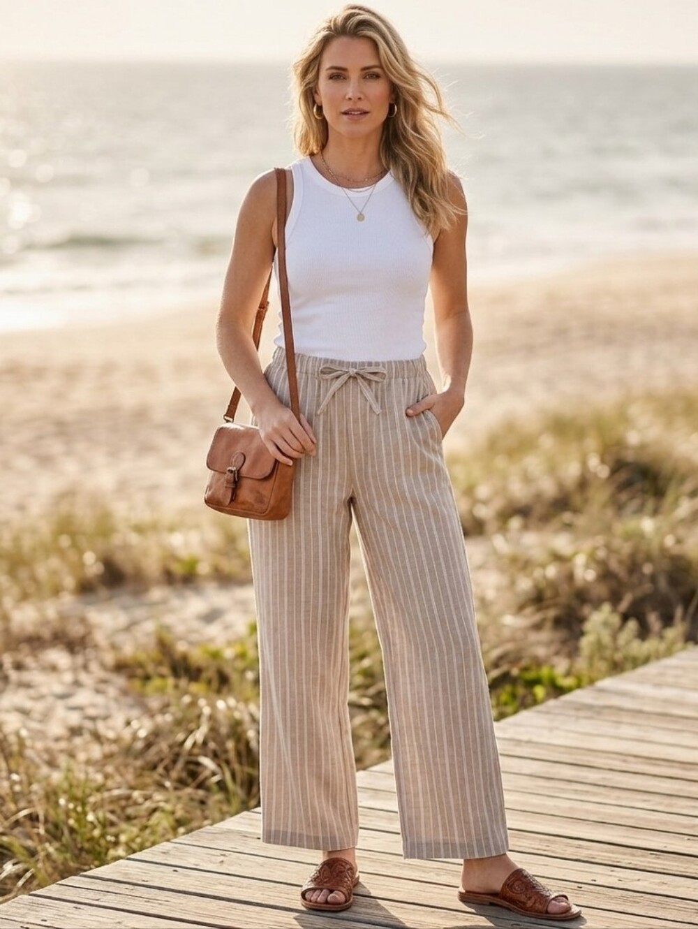 Gap Linen Blend Wide Leg Pull-On Drawstring Pants Size Large Beige Striped